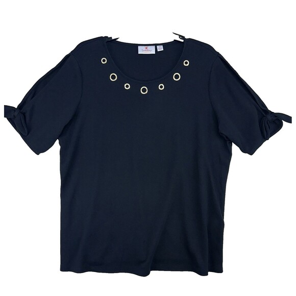 Quacker Factory Blouse Women 1X Black Rhinestone Gold Grommet Knot Open Cuff Top - Picture 1 of 10